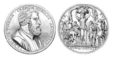 Juanelo turriano. Medal struck in 1559 in Cremona, vintage engraving. photo