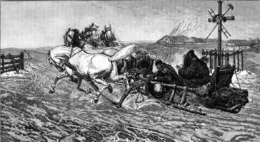 A peasant sleigh in Ukraine, painting by Joseph Chelmonski, vintage engraving. photo