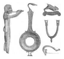 Votives and various bronze objects found in the ruins of Dodona, vintage engraving. photo