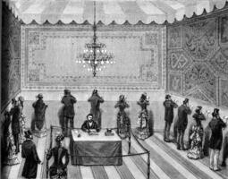 Phone Opera Auditions in electricity Exposition, vintage engraving. photo