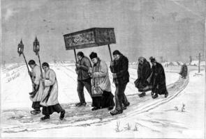 Viaticum in Burgundy, in the snow, vintage engraving. photo