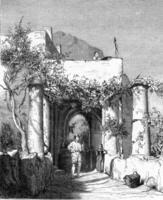 Entering an inn in Capri, drawing by Karl Girardet after Nature, vintage engraving. photo