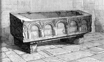 Ancient Tomb serving Holy water font, a Saint-Pol de Leon, vintage engraving. photo