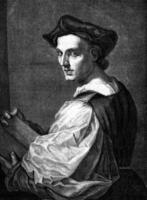 A portrait by Andrea del Sarto, at the National Gallery in London, vintage engraving. photo