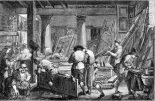 Workshop of Mr Jadot, carpenter, in Paris, vintage engraving. photo