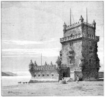 Belem Tower, in Lisbon, Portugal, vintage engraving photo