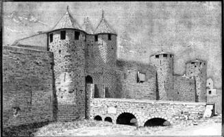 Carcassonne, The city, the castle main entrance, vintage engraving. photo