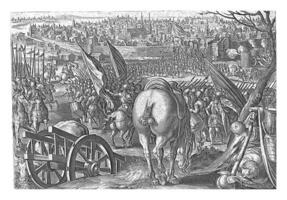 Capture of Milan, Philips Galle, after Jan van der Straet, 1583, vintage illustration. photo