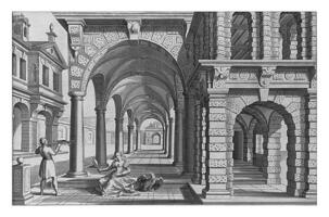 Arcade with columns of the Tuscan order and the view of the senses, vintage illustration. photo