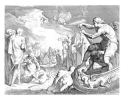 Odysseus sacrifices to the gods, vintage illustration. photo