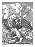 Allegorical representation of a lion with banner, vintage illustration. photo