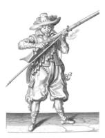 Soldier Blowing Gunpowder From His Musket, vintage illustration. photo