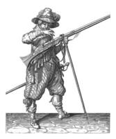 Soldier on Watch with a Musket Bringing His Wick to His Mouth, vintage illustration. photo