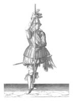 Soldier, viewed from the front, holding his skewer upright, vintage illustration. photo