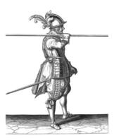 soldado que lleva su brocheta horizontal en su Derecha hombro, Clásico ilustración. foto