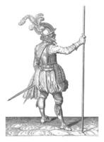 Soldier Seen from the Back Holding His Skewer, vintage illustration. photo