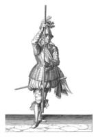 Soldier, viewed from the front, holding his spear upright with both hands, vintage illustration. photo