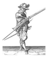 Soldier with a musket transferring his fuse from his right to his left hand, vintage illustration. photo