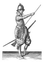 soldado con un timón corredizo su Derecha mano a el final de su baqueta, Clásico ilustración. foto
