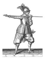 Soldier carrying his skewer horizontally at shoulder height with both hands, vintage illustration. photo