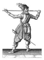 Soldier, seen from the back, carrying his spear horizontally, vintage illustration. photo