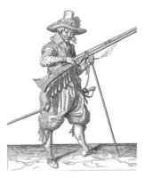 Soldier on watch pressing his fuse on the cock of his musket, vintage illustration. photo