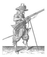 Soldier on Watch Pressing His Wick on the Cock of His Musket, vintage illustration. photo