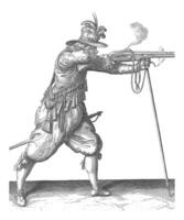 Soldier firing his musket, leaning on his furket, vintage illustration. photo