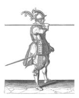 soldado que lleva su brocheta horizontal en su Derecha hombro, Clásico ilustración. foto