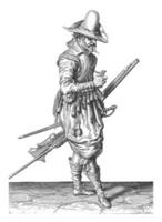 Soldier with a musket opening a powder gauge, vintage illustration. photo