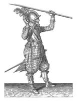 Soldier raising his skewer with his left hand, vintage illustration. photo
