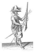 Soldier Holding His Musket Upright with His Left Hand, vintage illustration. photo