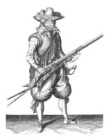 Soldier shaking powder from his musket, vintage illustration. photo