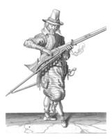 Soldier Closing the Pan of His Musket, vintage illustration. photo