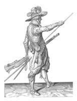 soldado con un mosquete corredizo su Derecha mano a el final de su baqueta, Clásico ilustración. foto