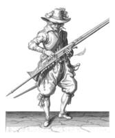 Soldier pressing his fuse on the cock of his musket, vintage illustration. photo