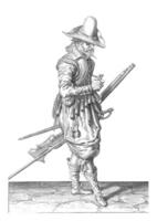 Soldier with a musket opening a powder gauge, vintage illustration. photo