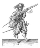 Soldier Blowing Sparks from the Pan of His Musket, vintage illustration. photo