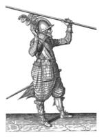 Soldier Lifting His Skewer with His Left Hand, vintage illustration. photo
