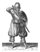 The exercise with shield and spear, Adam van Breen, 1616 - 1618, vintage illustration. photo