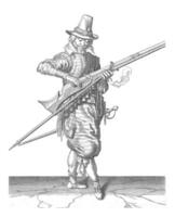 Soldier Closing the Pan of His Musket, vintage illustration. photo