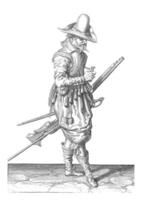Soldier with a musket opening a powder gauge, vintage illustration. photo