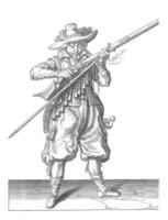 soldado soplo pólvora desde su mosquete, Clásico ilustración. foto