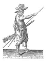 soldado con un mosquete corredizo su Derecha mano, Clásico ilustración. foto