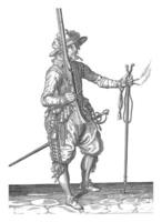 Soldier holding his musket upright with his right hand, vintage illustration. photo