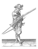 Soldier with a musket transferring his fuse, vintage illustration. photo