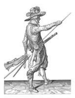 Soldier with a musket sliding his right hand to the end of his ramrod, vintage illustration. photo