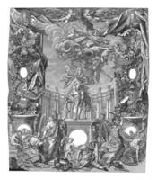 Allegory in honor of Emperor Charles VI at the Peace of Rastatt, 1714, vintage illustration. photo