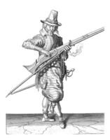 Soldier Closing the Pan of His Musket, vintage illustration. photo