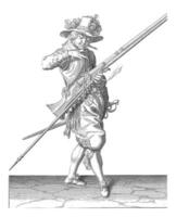 soldado con un mosquete trayendo su fusible a su boca, Clásico ilustración. foto